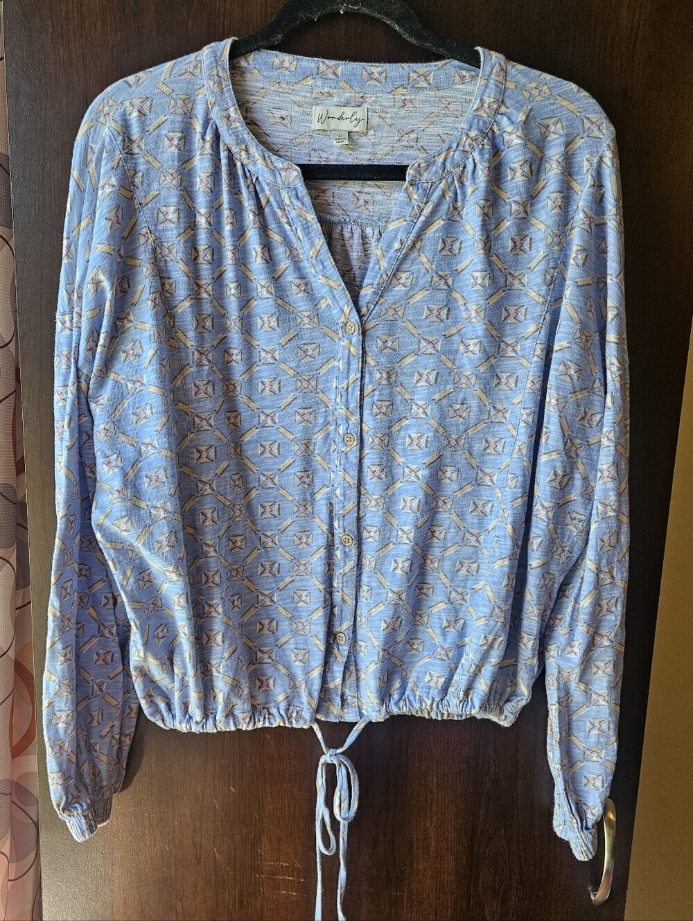 Wonderly Blue Geometric Button-Front Drawstring Top Size Large